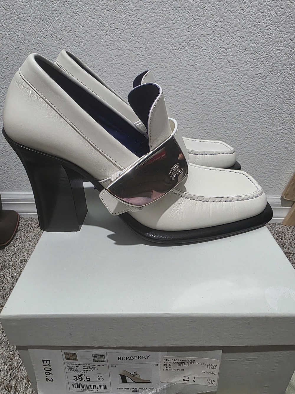 Burberry Cream and Black Block Heel Loafers with Silver Plaque